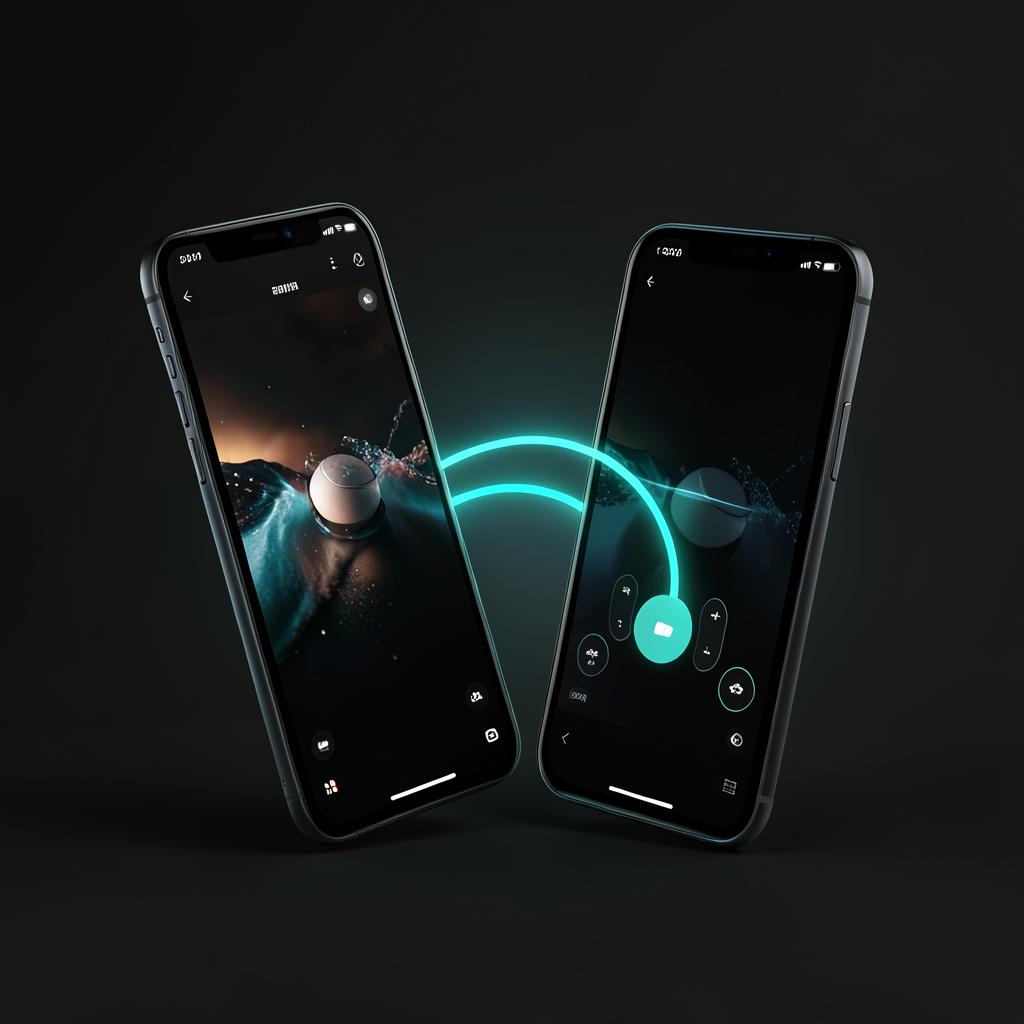 Two Android phones connected by a glowing link, one streaming its screen to the other